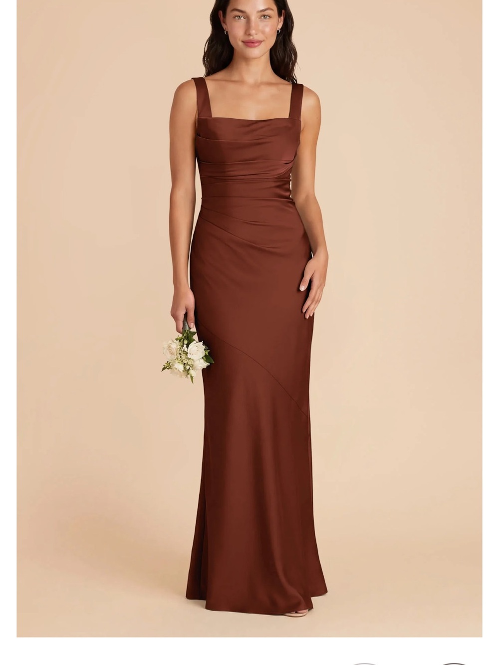 Birdy Grey Matte Satin Square-Neck Maxi Dress in Cognac